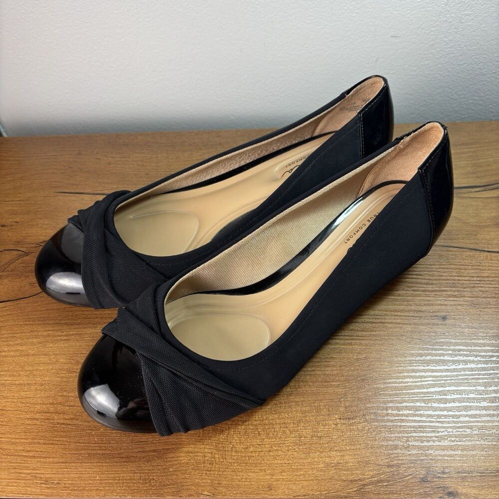 Abella Black Wedge flat Heel 9 Shoes Black Faux Patent Leather Cap Toe Low